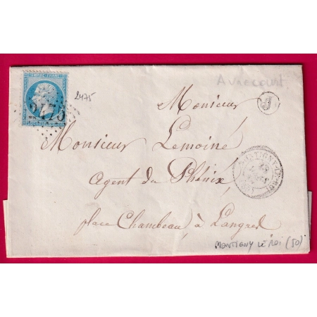 N°22 GC 2475 MONTIGNY LE ROI HAUTE MARNE BOITE RURALE J AVRECOURT POUR LANGRES LETTRE COVER