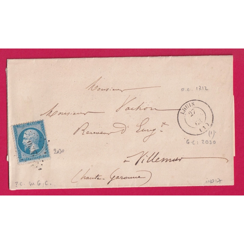 N°22 PC DU GC 2030 LHUIS AIN POUR VILLEMUR HAUTE GARONNE INDICE 17 1863 LETTRE COVER