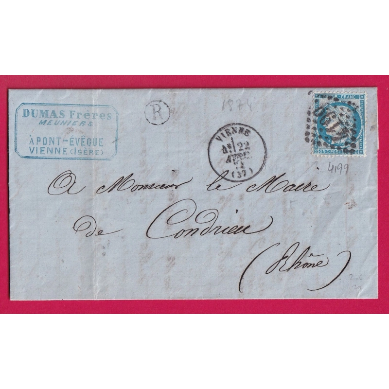 N°60 GC 4199 VIENNE ISERE BOITE RURALE R PONT EVEQUE POUR CONDRIEU RHONE LETTRE COVER