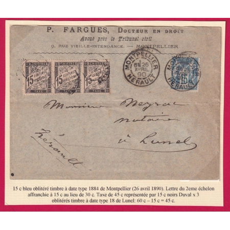 N°90 MONTPELLIER HERAULT TAXE 45C BANDE DE 3 15C DUVAL NOIR LUNEL HERAULT LETTRE COVER