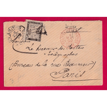 CAD POSTES ET TELEGRAPHE SEINE EN ROUGE TAXE 30C NOIR DUVAL PARIS BUREAU CENTRAL DEPART AMIENS SOMME LETTRE COVER