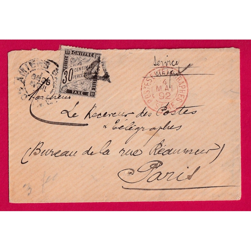 CAD POSTES ET TELEGRAPHE SEINE EN ROUGE TAXE 30C NOIR DUVAL PARIS BUREAU CENTRAL DEPART AMIENS SOMME LETTRE COVER