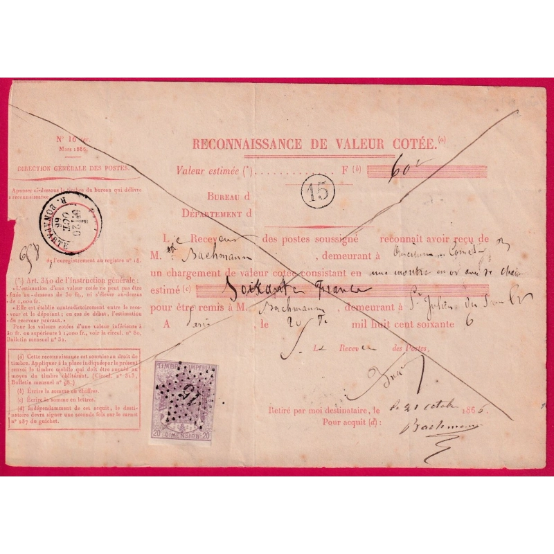 TIMBRE FISCAL DIMENSION 20C VIOLET PARIS ETOILE 15 R BONAPARTE 1866 SUR RECONNAISSANCE DE VALEUR COTEE LETTRE COVER