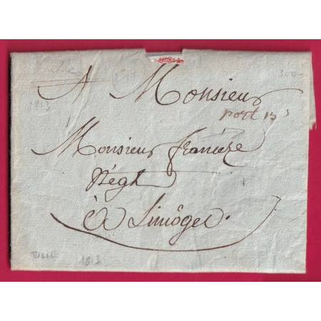 LETTRE DE TULLE CORREZE MENTION PORT 15 SOLS POUR LIMOGES HAUTE VIENNE 1813 LETTRE COVER