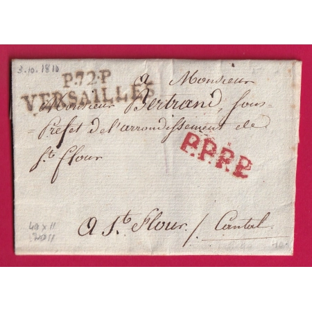 MARQUE P72P VERSAILLES SEINE ET OISE PPPP ROUGE 1810 POUR ST FLOUR CANTAL LETTRE COVER