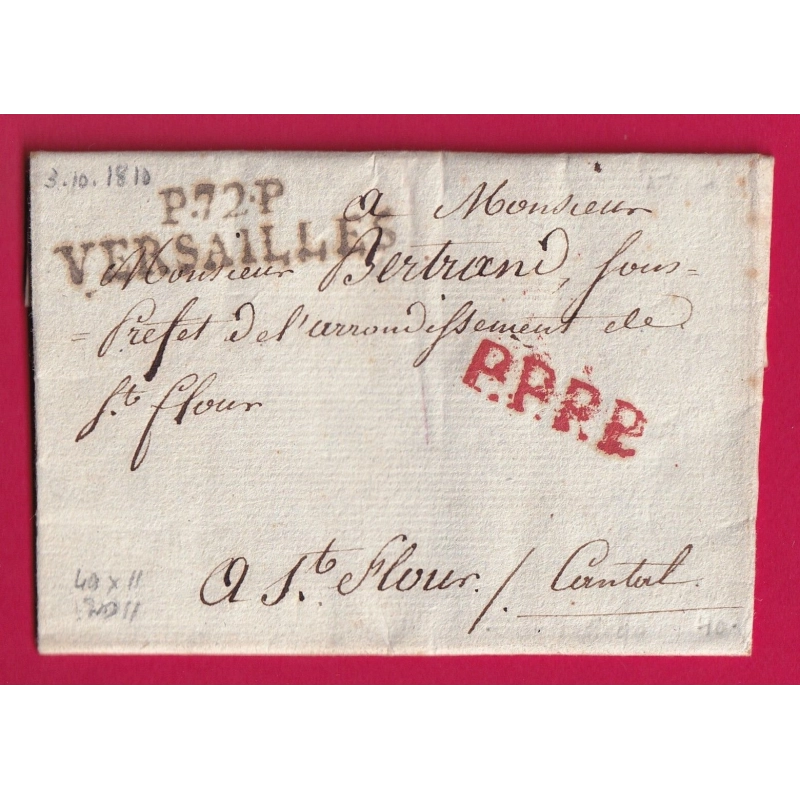 MARQUE P72P VERSAILLES SEINE ET OISE PPPP ROUGE 1810 POUR ST FLOUR CANTAL LETTRE COVER