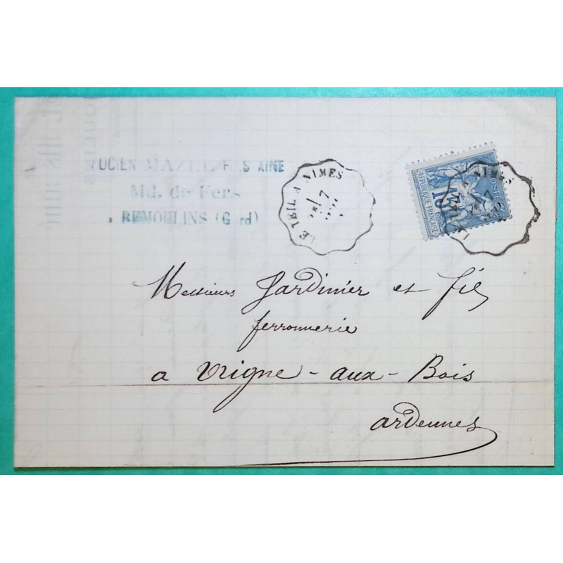 N°90 SAGE CONVOYEUR LIGNE LE TEIL A NIMES POUR VRIGNE AUX BOIS ARDENNES 1884 LETTRE COVER FRANCE