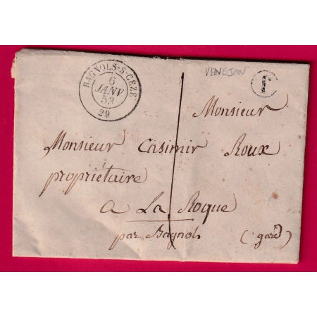 CAD TYPE 15 BAGNOLS SUR CEZE GARD TAXE LOCALE 1 BOITE RURALE J VENEJAN POUR LA ROQUE LETTRE COVER