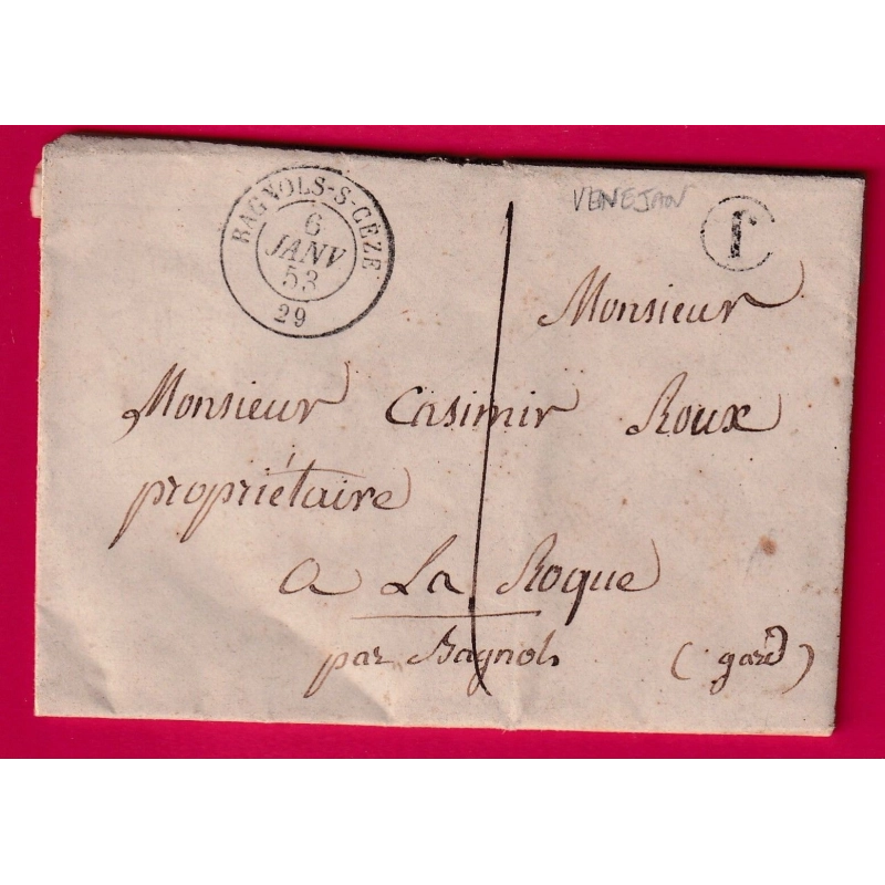 CAD TYPE 15 BAGNOLS SUR CEZE GARD TAXE LOCALE 1 BOITE RURALE J VENEJAN POUR LA ROQUE LETTRE COVER