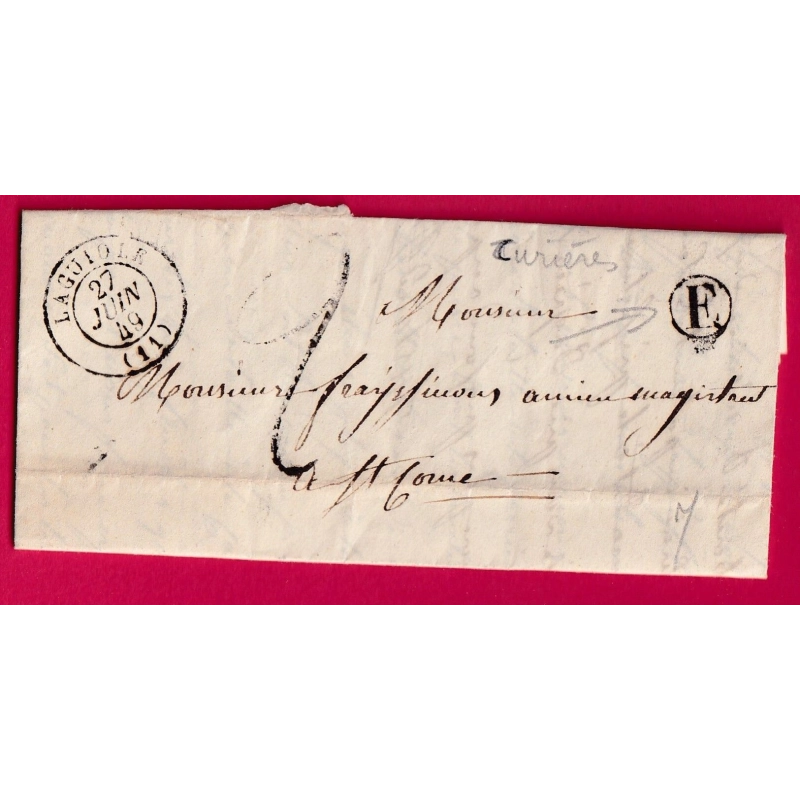 CAD TYPE 15 LAGUIOLE AVEYRON 1849 BOITE RURALE E CURIERES POUR ST COME TAXE TAMPON 2 LETTRE COVER