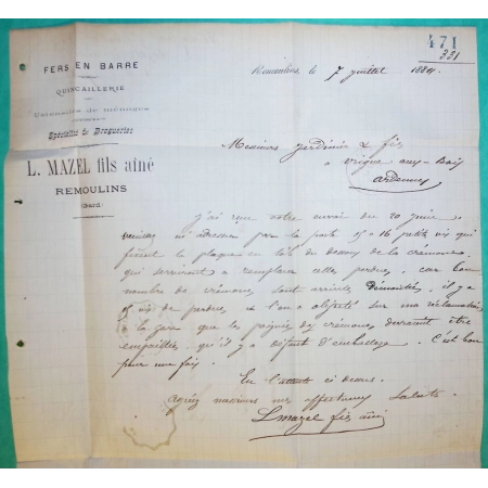 N°90 SAGE CONVOYEUR LIGNE LE TEIL A NIMES POUR VRIGNE AUX BOIS ARDENNES 1884 LETTRE COVER FRANCE