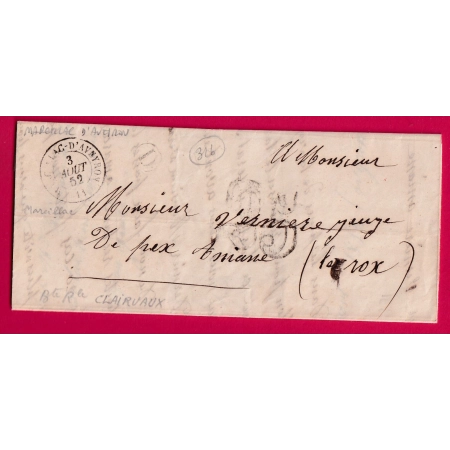 CAD TYPE 15 MARCILLAC D'AVEYRON BOITE RURALE D CLAIRVAUX POUR ANIANE HERAULT 1852 LETTRE COVER