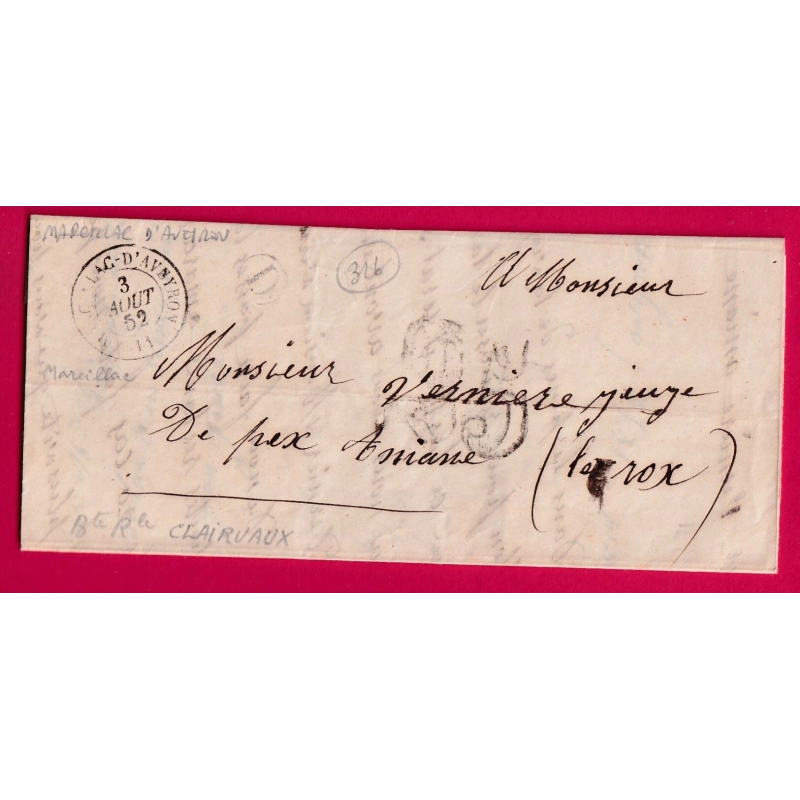 CAD TYPE 15 MARCILLAC D'AVEYRON BOITE RURALE D CLAIRVAUX POUR ANIANE HERAULT 1852 LETTRE COVER