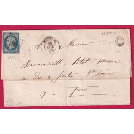 N°14 PC 1999 MILLAU AVEYRON BOITE RURALE C AGUESSAC POUR PARIS 1859 LETTRE COVER
