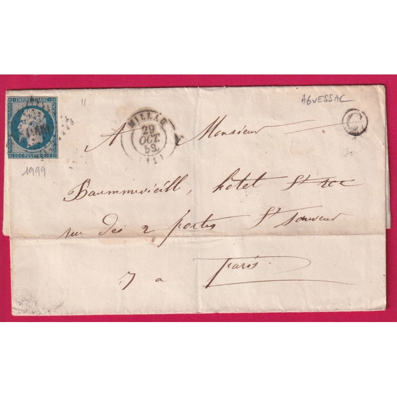 N°14 PC 1999 MILLAU AVEYRON BOITE RURALE C AGUESSAC POUR PARIS 1859 LETTRE COVER