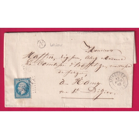 N°22 GC 3461 SPINCOURT MEUSE 1863 BOITE RURALE N LOISON POUR NANCY  LETTRE COVER