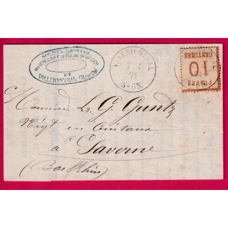 ALSACE LORRAINE N°5 VALLERYSTHAL MOSELLE POUR SAVERNE BAS RHIN 7.1.1871 LETTRE COVER