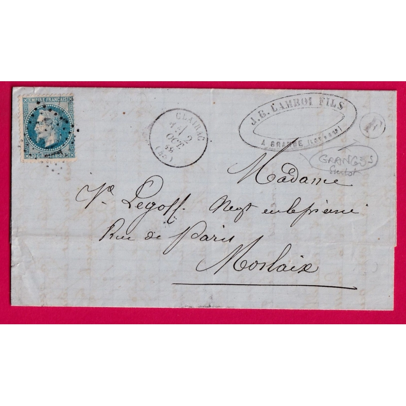 N°29 GC 1036 CLAIRAC LOT ET GARONNE BOITE RURALE F GRANGES SUR LOT POUR MORLAIX FINISTERE LETTRE COVER