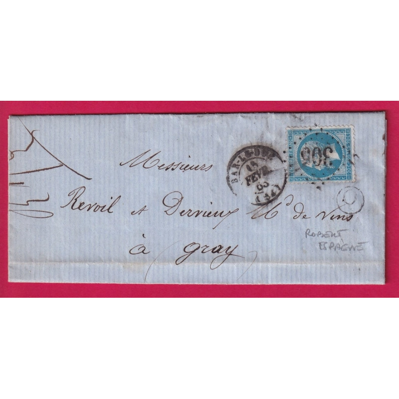 N°22 GC 305 BAR LE DUC MEUSE BOITE RURALE Q ROBERT ESPAGNE POUR GRAY HAUTE SAONE LETTRE COVER