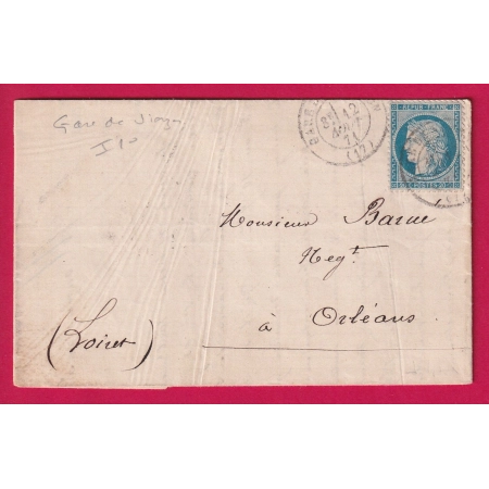 N°37 CAD GARE DE VIERZON 12 AOUT 1871 POUR ORLEANS LOIRET LETTRE COVER