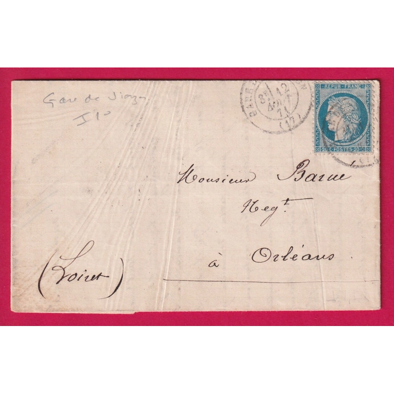 N°37 CAD GARE DE VIERZON 12 AOUT 1871 POUR ORLEANS LOIRET LETTRE COVER