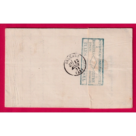 N°37 CAD GARE DE VIERZON 12 AOUT 1871 POUR ORLEANS LOIRET LETTRE COVER