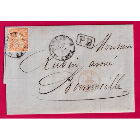 SUISSE N°37 TARIF FRONTALIER CACHET ENTREE SUISSE BONNEVILLE HAUTE SAVOIE 1863 LETTRE COVER FRANCE