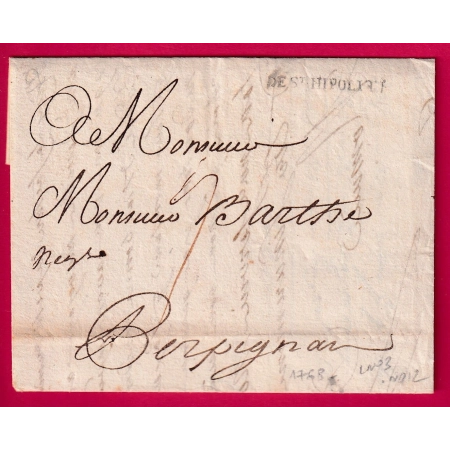 MARQUE DE ST HIPPOLYTE DU GARD LENAIN N°3 1768 INDICE 12 POUR PERPIGNAN PYRENEES ORIENTALES LETTRE COVER