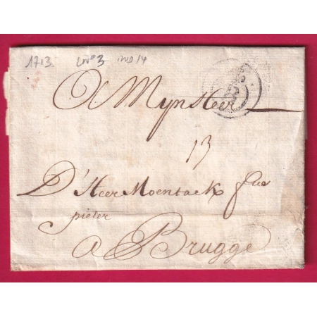 MARQUE B COURONNE BORDEAUX LENAIN N°3 INDICE 14 1713 POUR BRUGES BELGIQUE LETTRE COVER