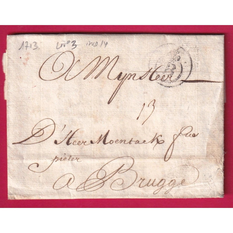 MARQUE B COURONNE BORDEAUX LENAIN N°3 INDICE 14 1713 POUR BRUGES BELGIQUE LETTRE COVER