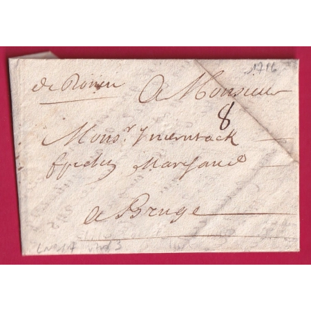 MARQUE MANUSCRIT DE ROUEN SEINE INFERIEURE 1716 LENAIN N°1A INDICE 13 POUR BRUGES BELGIQUE LETTRE COVER