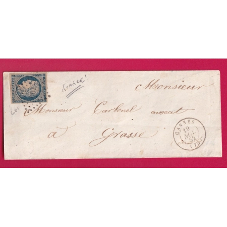 N°4 BLEU FONCE SUR JAUNATRE PC 601 CANNES VAR POUR GRASSE 1852 ALPES MARITIMES LETTRE COVER