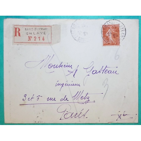 N°195 SEMEUSE 1F05 VERMILLON SEUL SUR LETTRE RECOMMANDE ST GERMAIN EN LAYE POUR PARIS 1925 LETTRE COVER FRANCE
