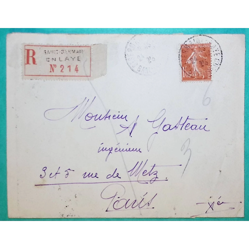 N°195 SEMEUSE 1F05 VERMILLON SEUL SUR LETTRE RECOMMANDE ST GERMAIN EN LAYE POUR PARIS 1925 LETTRE COVER FRANCE