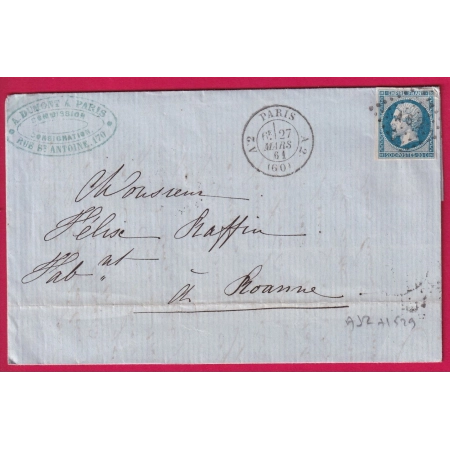N°14 PARIS A2 60 A2 LOSANGE AS2 POUR ROANNE LOIRE LETTRE COVER