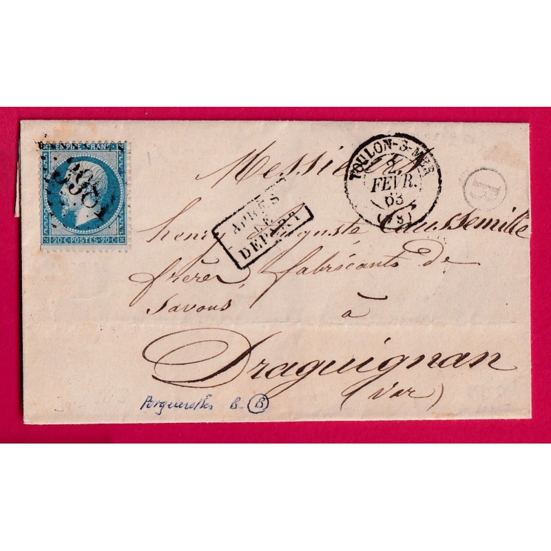 N°22 GC 3981 TOULON VAR BOITE RURALE B ILE DE PORQUEROLLES POUR DRAGUIGNAN LETTRE COVER