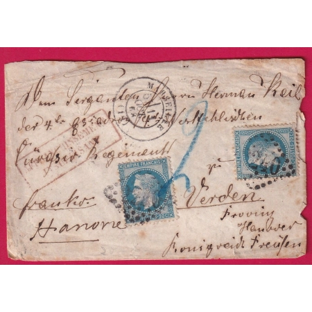 N°29 X2 GC 2240 MARSEILLE POUR HANOVRE HANOVER ALLEMAGNE TAXE 2 AFFR INSUF LETTRE COVER