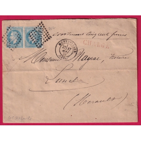 N°29 PAIRE GC REFAIT 2502 MONTPELLIER HERAULT LETTRE CHARGE POUR LUNEL LETTRE COVER