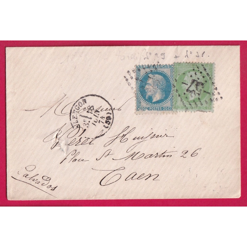 N°29 + 35 GC 57 ALENCON ORNE CAD TYPE 16 1874 POUR CAEN CALVADOS LETTRE COVER