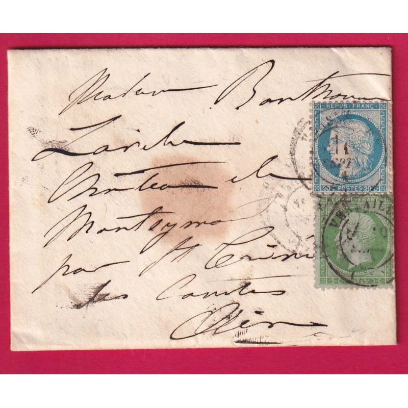 N°37 + 20 CAD VERSAILLES SEINE ET OISE 10 SEPTEMBRE 1871 ST TRIVIERS DE COURTES AIN LETTRE COVER