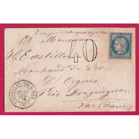N°60 VILLEFRANCHE SUR MER ALPES MARITIMES TAXE 40 SPECIAL CHIFFRES MAIGRES POUR DRAGUIGNAN VAR LETTRE COVER