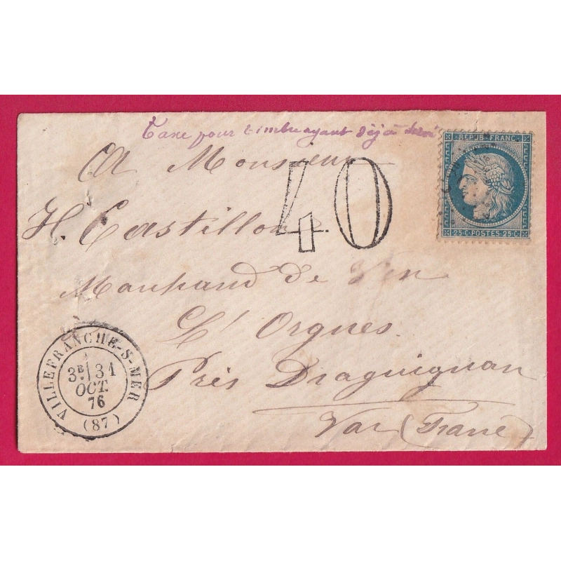 N°60 VILLEFRANCHE SUR MER ALPES MARITIMES TAXE 40 SPECIAL CHIFFRES MAIGRES POUR DRAGUIGNAN VAR LETTRE COVER