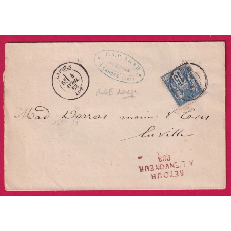 N° 90 CAHORS LOT RETOUR ENVOYEUR 693 CAHORS LETTRE LOCALE LOCAL COVER