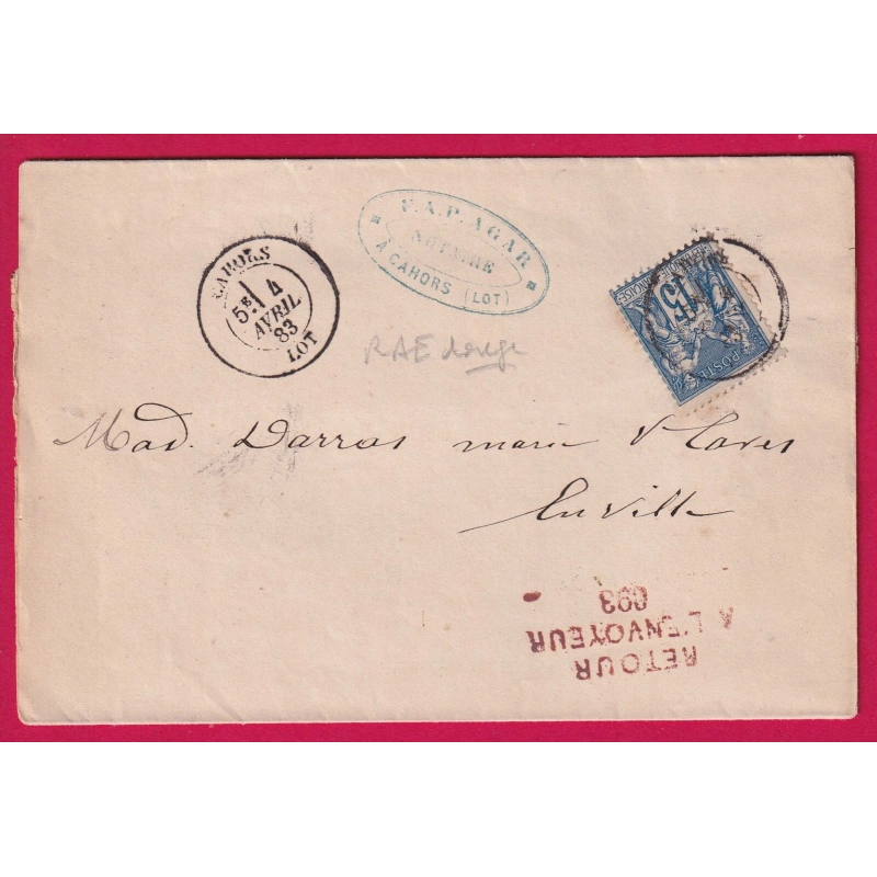N° 90 CAHORS LOT RETOUR ENVOYEUR 693 CAHORS LETTRE LOCALE LOCAL COVER