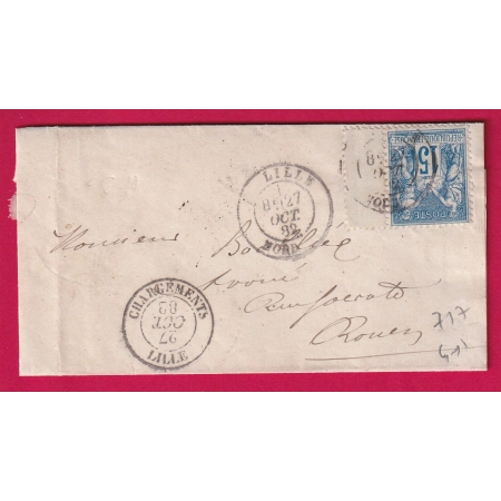 N°90 DAGUIN LILLE NORD 1882 + CHARGEMENT LILLE DATEUR INVERSE POUR ROUEN SEINE INFERIEURE LETTRE COVER