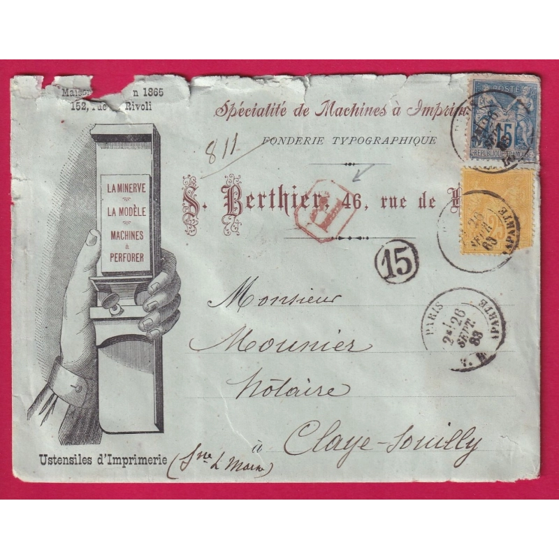 N°90 92 TRES BELLE ENVELOPPE ILLUSTREE MACHINE A IMPRIMER RECOMMANDE POUR CLAYE- SOUILLY LETTRE COVER