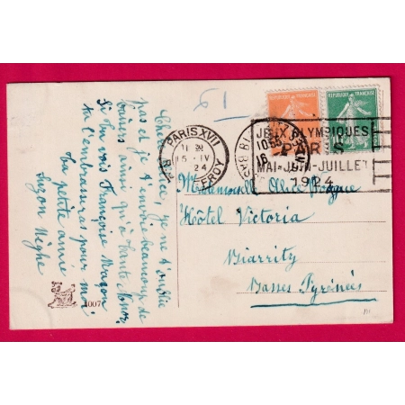 N°158 159 PARIS JEUX OLYMPIQUES 924 RUE JOUFFROY 15.4.1924 POUR BIARRITZ BASSES PYRENEES LETTRE COVER