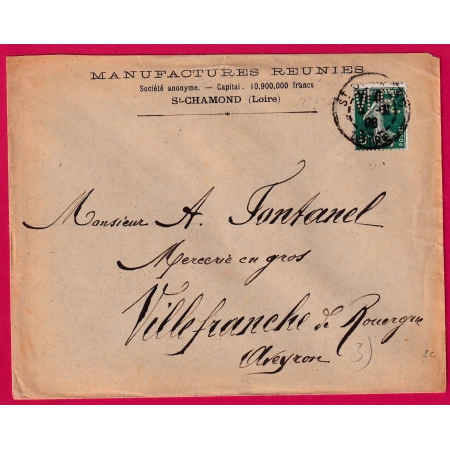 N°137 PERFORE MR MANUFACTURE REUNIES ST CHAMOND LOIRE POUR VILLEFRANCHE DE ROUERGUE AVEYRON LETTRE COVER