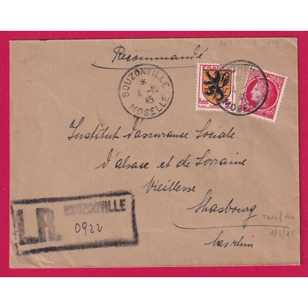 N°676 602 RECOMMANDE PROVISOIRE BOUZONVILLE MOSELLE POUR STRASBOURG LETTRE COVER