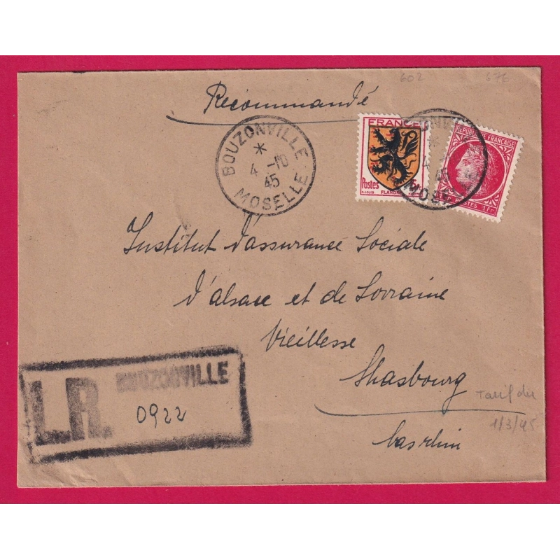 N°676 602 RECOMMANDE PROVISOIRE BOUZONVILLE MOSELLE POUR STRASBOURG LETTRE COVER